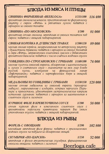 Меню: Кафе «Beerloga» (Гомель)